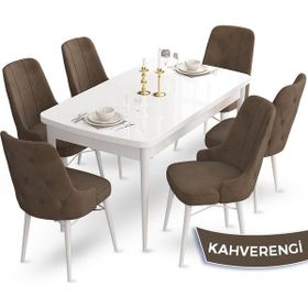 Canisa Concept Ahu Serisi 80x132 cm Açılabilir Beyaz Masa 6 Sandalye Kahverengi Mutfak Masa Takımı