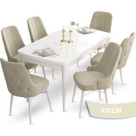 Canisa Concept Ahu Serisi 80x132 cm Açılabilir Beyaz Masa 6 Sandalye Krem Mutfak Masa Takımı