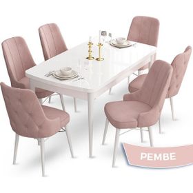 Canisa Concept Ahu Serisi 80x132 cm Açılabilir Beyaz Masa 6 Sandalye Pembe Mutfak Masa Takımı