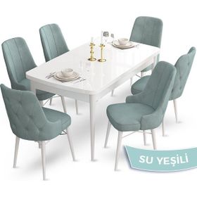 Canisa Concept Ahu Serisi 80x132 cm Açılabilir Beyaz Masa 6 Sandalye Su Yeşili Mutfak Masa Takımı