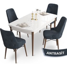 Canisa Concept Ahu Serisi 80x132 cm Açılabilir Beyaz Masa Ceviz Ayak 4 Sandalye Antrasit Mutfak Masa Takımı
