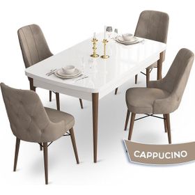Canisa Concept Ahu Serisi 80x132 cm Açılabilir Beyaz Masa Ceviz Ayak 4 Sandalye Cappuccino Mutfak Masa Takımı