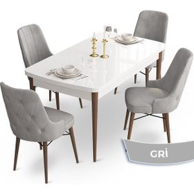 Canisa Concept Ahu Serisi 80x132 cm Açılabilir Beyaz Masa Ceviz Ayak 4 Sandalye Gri Mutfak Masa Takımı
