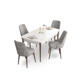 Canisa Concept Ahu Serisi 80x132 cm Açılabilir Beyaz Masa Ceviz Ayak 4 Sandalye Gri Mutfak Masa Takımı
