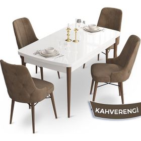 Canisa Concept Ahu Serisi 80x132 cm Açılabilir Beyaz Masa Ceviz Ayak 4 Sandalye Kahverengi Mutfak Masa Takımı