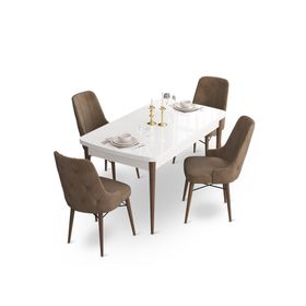 Canisa Concept Ahu Serisi 80x132 cm Açılabilir Beyaz Masa Ceviz Ayak 4 Sandalye Kahverengi Mutfak Masa Takımı