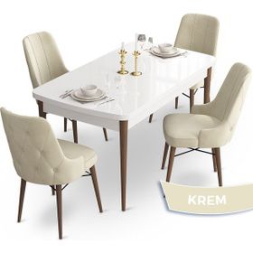 Canisa Concept Ahu Serisi 80x132 cm Açılabilir Beyaz Masa Ceviz Ayak 4 Sandalye Krem Mutfak Masa Takımı