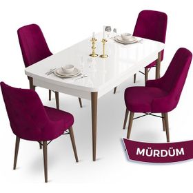 Canisa Concept Ahu Serisi 80x132 cm Açılabilir Beyaz Masa Ceviz Ayak 4 Sandalye Mürdüm Mutfak Masa Takımı