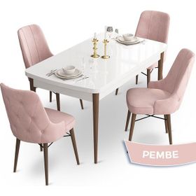 Canisa Concept Ahu Serisi 80x132 cm Açılabilir Beyaz Masa Ceviz Ayak 4 Sandalye Pembe Mutfak Masa Takımı