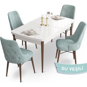 Canisa Concept Ahu Serisi 80x132 cm Açılabilir Beyaz Masa Ceviz Ayak 4 Sandalye Su Yeşili Mutfak Masa Takımı