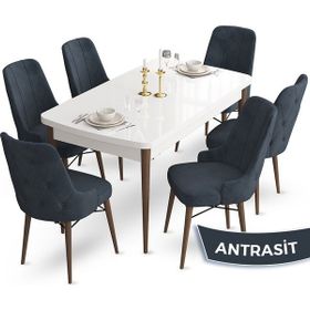 Canisa Concept Ahu Serisi 80x132 cm Açılabilir Beyaz Masa Ceviz Ayak 6 Sandalye Antrasit Mutfak Masa Takımı