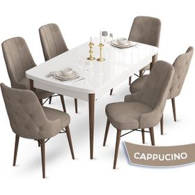 Canisa Concept Ahu Serisi 80x132 cm Açılabilir Beyaz Masa Ceviz Ayak 6 Sandalye Cappucino Mutfak Masa Takımı