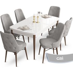Canisa Concept Ahu Serisi 80x132 cm Açılabilir Beyaz Masa Ceviz Ayak 6 Sandalye Gri Mutfak Masa Takımı