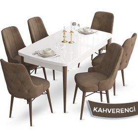 Canisa Concept Ahu Serisi 80x132 cm Açılabilir Beyaz Masa Ceviz Ayak 6 Sandalye Kahverengi Mutfak Masa Takımı