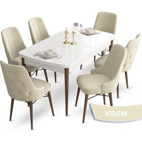 Canisa Concept Ahu Serisi 80x132 cm Açılabilir Beyaz Masa Ceviz Ayak 6 Sandalye Krem Mutfak Masa Takımı
