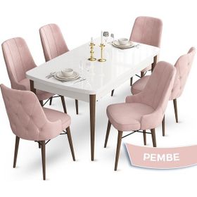 Canisa Concept Ahu Serisi 80x132 cm Açılabilir Beyaz Masa Ceviz Ayak 6 Sandalye Pembe Mutfak Masa Takımı
