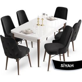 Canisa Concept Ahu Serisi 80x132 cm Açılabilir Beyaz Masa Ceviz Ayak 6 Sandalye Siyah Mutfak Masa Takımı