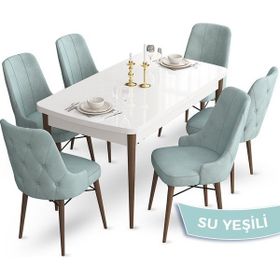 Canisa Concept Ahu Serisi 80x132 cm Açılabilir Beyaz Masa Ceviz Ayak 6 Sandalye Su Yeşili Mutfak Masa Takımı