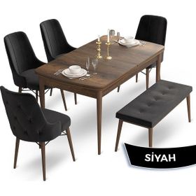 Canisa Concept Ahu Serisi 80x132 cm Açılabilir Masa Barok Ahşap Desen 4 Sandalye 1 Bench Antrasit Mutfak Masa Takımı