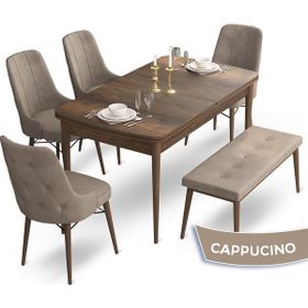 Canisa Concept Ahu Serisi 80x132 cm Açılabilir Masa Barok Ahşap Desen 4 Sandalye 1 Bench Cappuccino Mutfak Masa Takımı