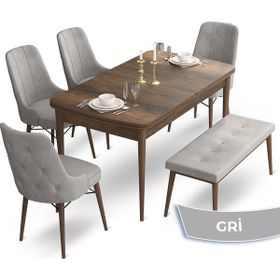 Canisa Concept Ahu Serisi 80x132 cm Açılabilir Masa Barok Ahşap Desen 4 Sandalye 1 Bench Gri Mutfak Masa Takımı