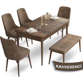 Canisa Concept Ahu Serisi 80x132 cm Açılabilir Masa Barok Ahşap Desen 4 Sandalye 1 Bench Kahverengi Mutfak Masa Takımı