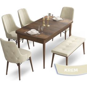 Canisa Concept Ahu Serisi 80x132 cm Açılabilir Masa Barok Ahşap Desen 4 Sandalye 1 Bench Krem Mutfak Masa Takımı