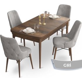 Canisa Concept Ahu Serisi 80x132 cm Açılabilir Masa Barok Ahşap Desen 4 Sandalye Gri Mutfak Masa Takımı