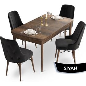 Canisa Concept Ahu Serisi 80x132 cm Açılabilir Masa Barok Ahşap Desen 4 Sandalye Siyah Mutfak Masa Takımı