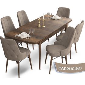 Canisa Concept Ahu Serisi 80x132 cm Açılabilir Masa Barok Ahşap Desen 6 Sandalye Cappucino Mutfak Masa Takımı