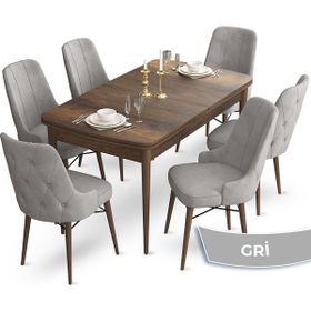 Canisa Concept Ahu Serisi 80x132 cm Açılabilir Masa Barok Ahşap Desen 6 Sandalye Gri Mutfak Masa Takımı