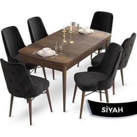 Canisa Concept Ahu Serisi 80x132 cm Açılabilir Masa Barok Ahşap Desen 6 Sandalye Siyah Mutfak Masa Takımı