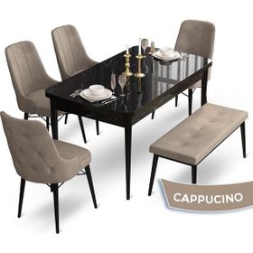 Canisa Concept Ahu Serisi 80x132 cm Açılabilir Siyah Mermer Desen 4 Sandalye 1 Bench Cappuccino Mutfak Masa Takımı