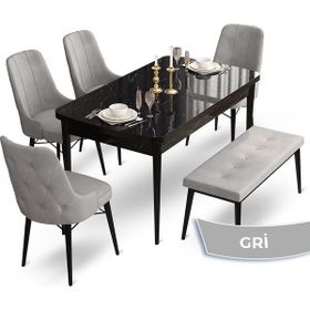 Canisa Concept Ahu Serisi 80x132 cm Açılabilir Siyah Mermer Desen 4 Sandalye 1 Bench Gri Mutfak Masa Takımı