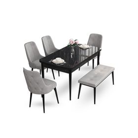Canisa Concept Ahu Serisi 80x132 cm Açılabilir Siyah Mermer Desen 4 Sandalye 1 Bench Gri Mutfak Masa Takımı