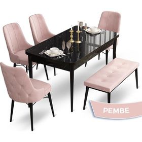 Canisa Concept Ahu Serisi 80x132 cm Açılabilir Siyah Mermer Desen 4 Sandalye 1 Bench Pembe Mutfak Masa Takımı