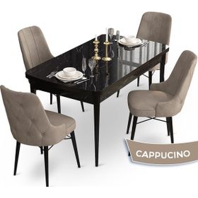 Canisa Concept Ahu Serisi 80x132 cm Açılabilir Siyah Mermer Desen 4 Sandalye Cappuccino Mutfak Masa Takımı
