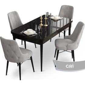 Canisa Concept Ahu Serisi 80x132 cm Açılabilir Siyah Mermer Desen 4 Sandalye Gri Mutfak Masa Takımı