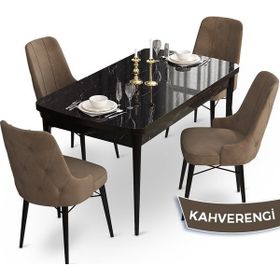 Canisa Concept Ahu Serisi 80x132 cm Açılabilir Siyah Mermer Desen 4 Sandalye Kahverengi Mutfak Masa Takımı