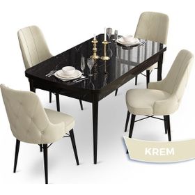Canisa Concept Ahu Serisi 80x132 cm Açılabilir Siyah Mermer Desen 4 Sandalye Krem Mutfak Masa Takımı