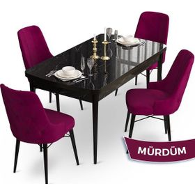 Canisa Concept Ahu Serisi 80x132 cm Açılabilir Siyah Mermer Desen 4 Sandalye Mürdüm Mutfak Masa Takımı
