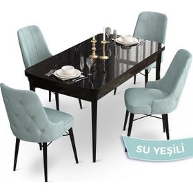 Canisa Concept Ahu Serisi 80x132 cm Açılabilir Siyah Mermer Desen 4 Sandalye Su Yeşili Mutfak Masa Takımı