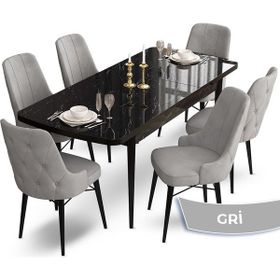 Canisa Concept Ahu Serisi 80x132 cm Açılabilir Siyah Mermer Desen 6 Sandalye Gri Mutfak Masa Takımı
