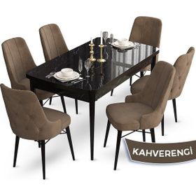 Canisa Concept Ahu Serisi 80x132 cm Açılabilir Siyah Mermer Desen 6 Sandalye Kahverengi Mutfak Masa Takımı