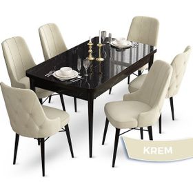 Canisa Concept Ahu Serisi 80x132 cm Açılabilir Siyah Mermer Desen 6 Sandalye Krem Mutfak Masa Takımı