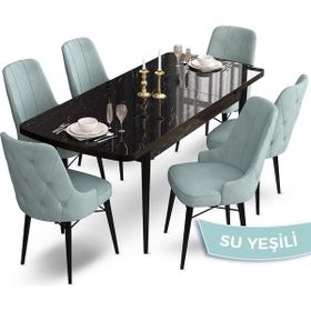 Canisa Concept Ahu Serisi 80x132 cm Açılabilir Siyah Mermer Desen 6 Sandalye Su Yeşili Mutfak Masa Takımı