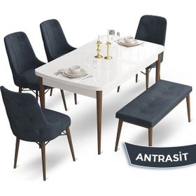 Canisa Concept Ahu Serisi 80x132 cm Beyaz Masa Ceviz Ayak 4 Sandalye 1 Bench Antrasit Mutfak Masa Takımı