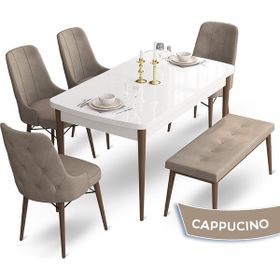 Canisa Concept Ahu Serisi 80x132 cm Beyaz Masa Ceviz Ayak 4 Sandalye 1 Bench Cappuccino Mutfak Masa Takımı