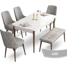 Canisa Concept Ahu Serisi 80x132 cm Beyaz Masa Ceviz Ayak 4 Sandalye 1 Bench Gri Mutfak Masa Takımı