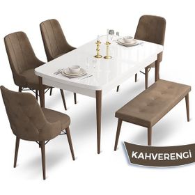Canisa Concept Ahu Serisi 80x132 cm Beyaz Masa Ceviz Ayak 4 Sandalye 1 Bench Kahverengi Mutfak Masa Takımı
